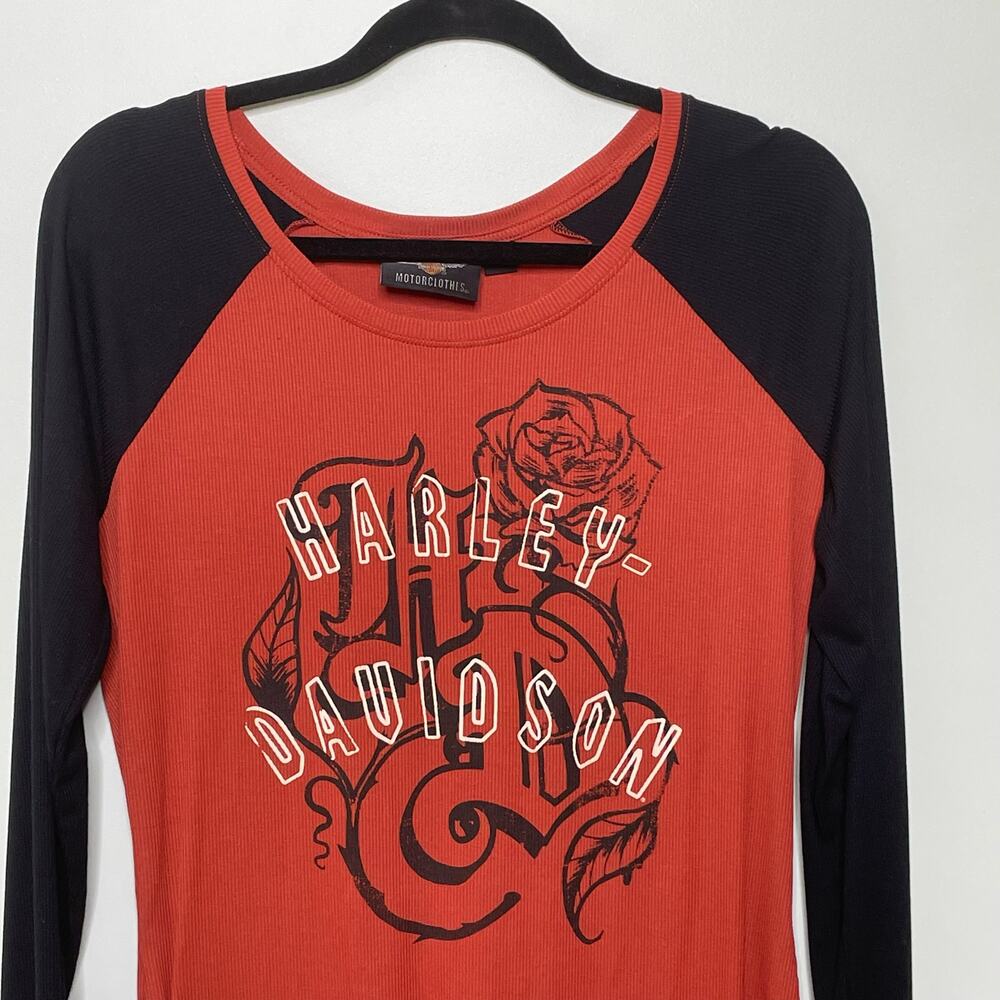 Harley-Davidson Ribbed Knit Long Sleeve Top Roses Spell Out Logo Orange Black‎ M - Picture 2 of 9